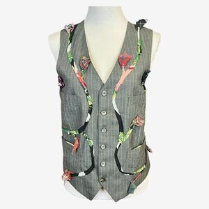 Staley Gretzinger gray pinstripe vest applique fabric , boho art to wear M